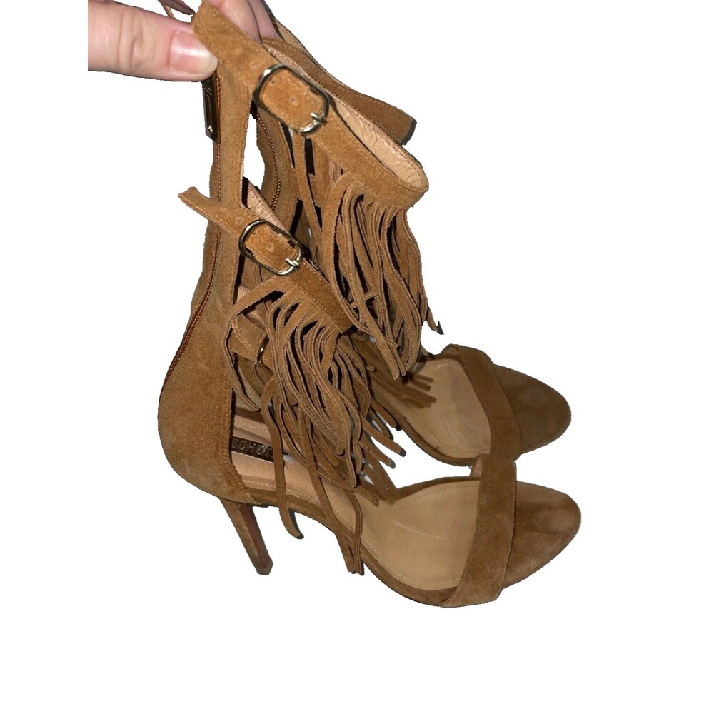 Schutz Women's Genuine Suede Fringe High Heel Sandals size 8 Tan Boho Brazil